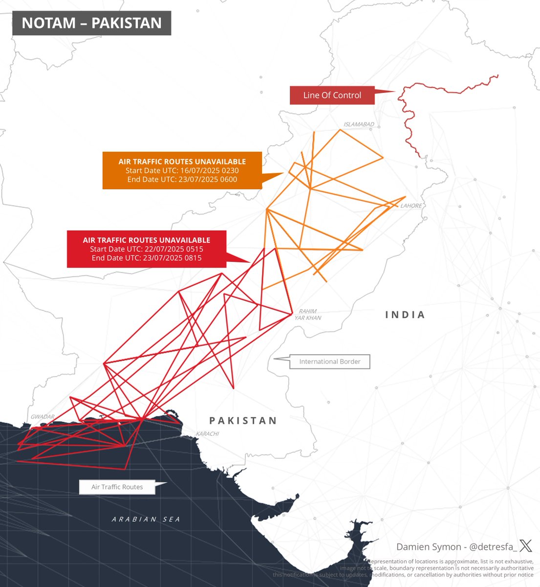 detresfa_'s tweet image. Pakistan issues a notam making multiple air traffic routes across the country unavailable, suggesting a possible missile test/military exercise (?)
Central Section Date: 16 - 23 July 2025
Southern Section Date: 22 - 23 July 2025
