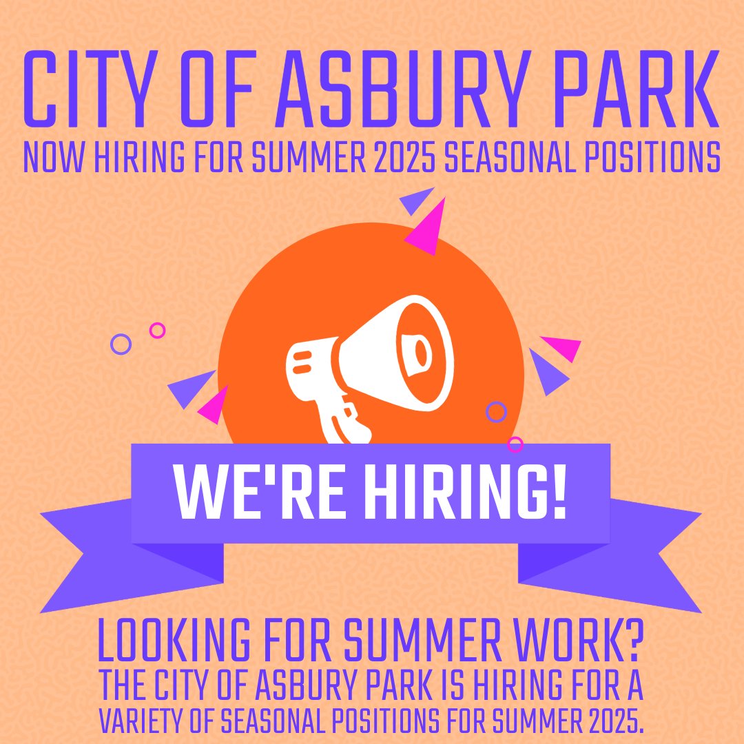 The City of Asbury Park is hiring for Summer 2025!
Open seasonal positions: Public Works Laborers &amp; Beach Maintenance.
Apply in person at Public Works, 9 Main Street.
Must have a valid driver’s license.
Limited spots—apply early!
Info: 732-775-0900