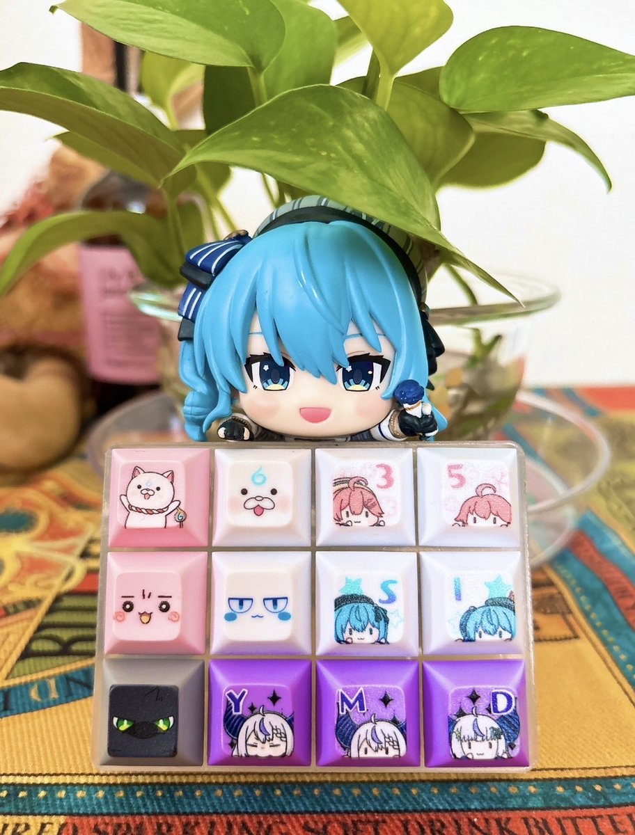 cabbageningen's tweet image. すいちゃん、みこち、ラプ様のCherry MX対応キーキャップ3種セット作っちゃいました!
「自分」ならこんなキーキャップが欲しいで作ったら可愛すぎたので、皆さんにもおすそ分け😘
試行錯誤して、推しの魅力をキーボードで感じられるデザインに仕上げたので、ぜひ見に来て欲しいです!…