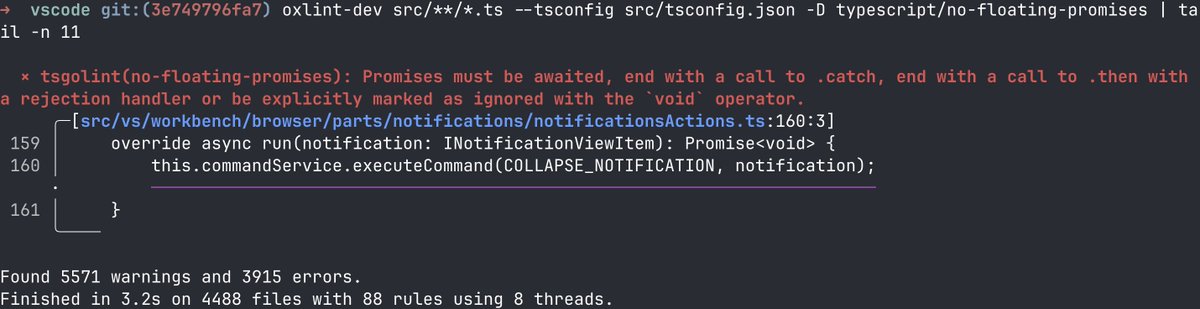 boshen_c's tweet image. oxlint + tsgolint = no slow down!

no-floating-promises completes 4.4k files in 3.2 seconds, in the vscode repo.

typescript-go is the future, all credits to the ts-go team! We just glued everything together 😀 

github.com/microsoft/type…