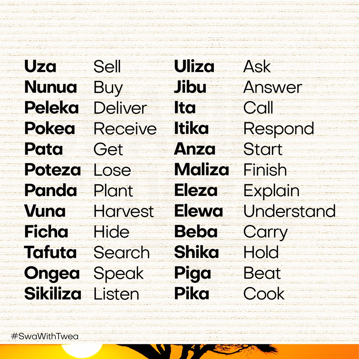 KiswahiliNaTwea's tweet image. Hamjambo
Expand your #Swahili diction
#SwaWithTwea