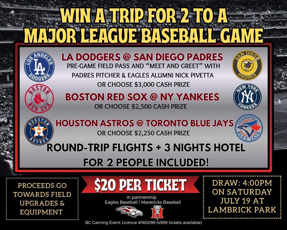 LAST CHANCE TO WIN BIG! Visit us SAT from 12:00-3:59pm. Our raffle  closes 4:00PM when the lucky winners are revealed🍀⚾🤞 
-1- Dodgers @ Padres [on field with Nick Pivetta] 
-2- Red Sox @ Yankees [Yankees Stadium!] 
-3- Astros @ Blue Jays [🍁⚾️#bluejaysnation]