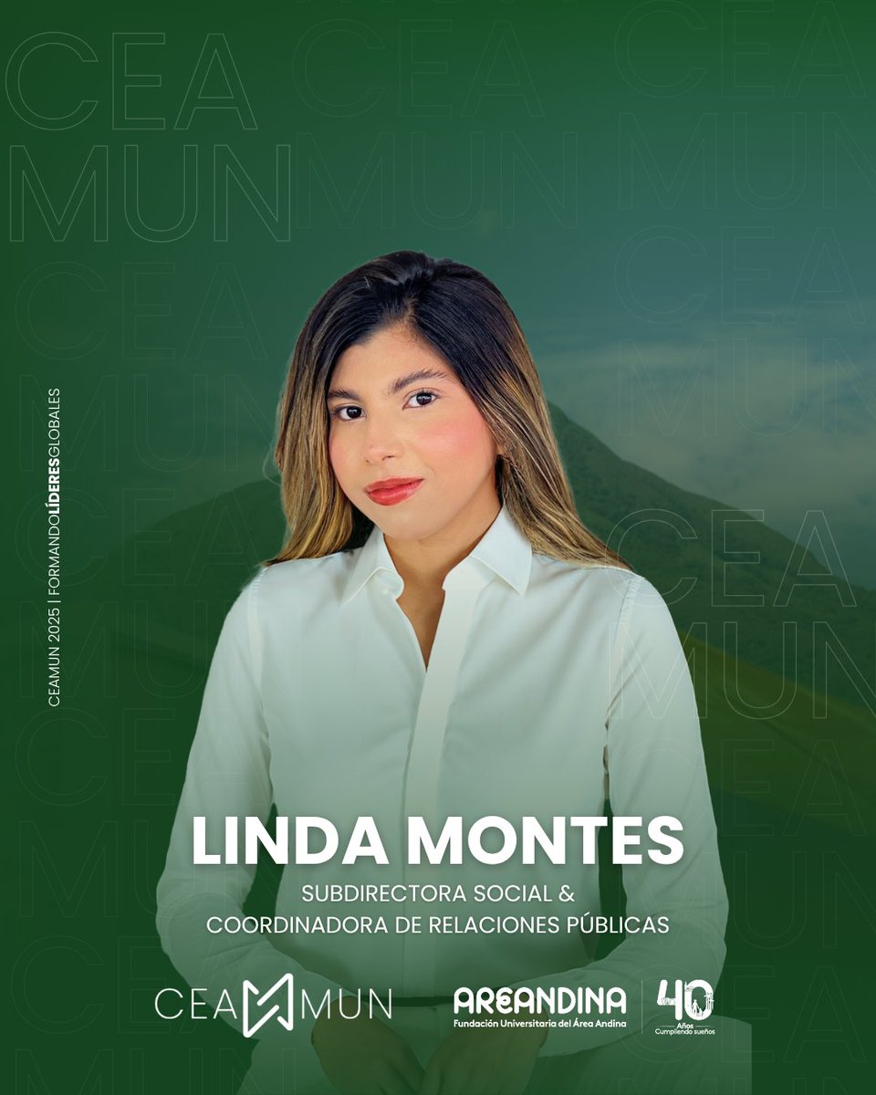 CEA_MUN_'s tweet photo. Hola 👋 a todos me presento soy Linda Marcela Montes 🙋‍♀️ y este año seré SUBDIRECTORA SOCIAL &amp; COORDINADORA DE RELACIONES PÚBLICAS en #CEAMUN2025 y estoy muy emocionada de acompañarlos en este camino.
.
.

#FormandoLideresGlobales 🌎 #ModeloONU #onucolombia #areandina #mun https://t.co/5XkA0HxQKN