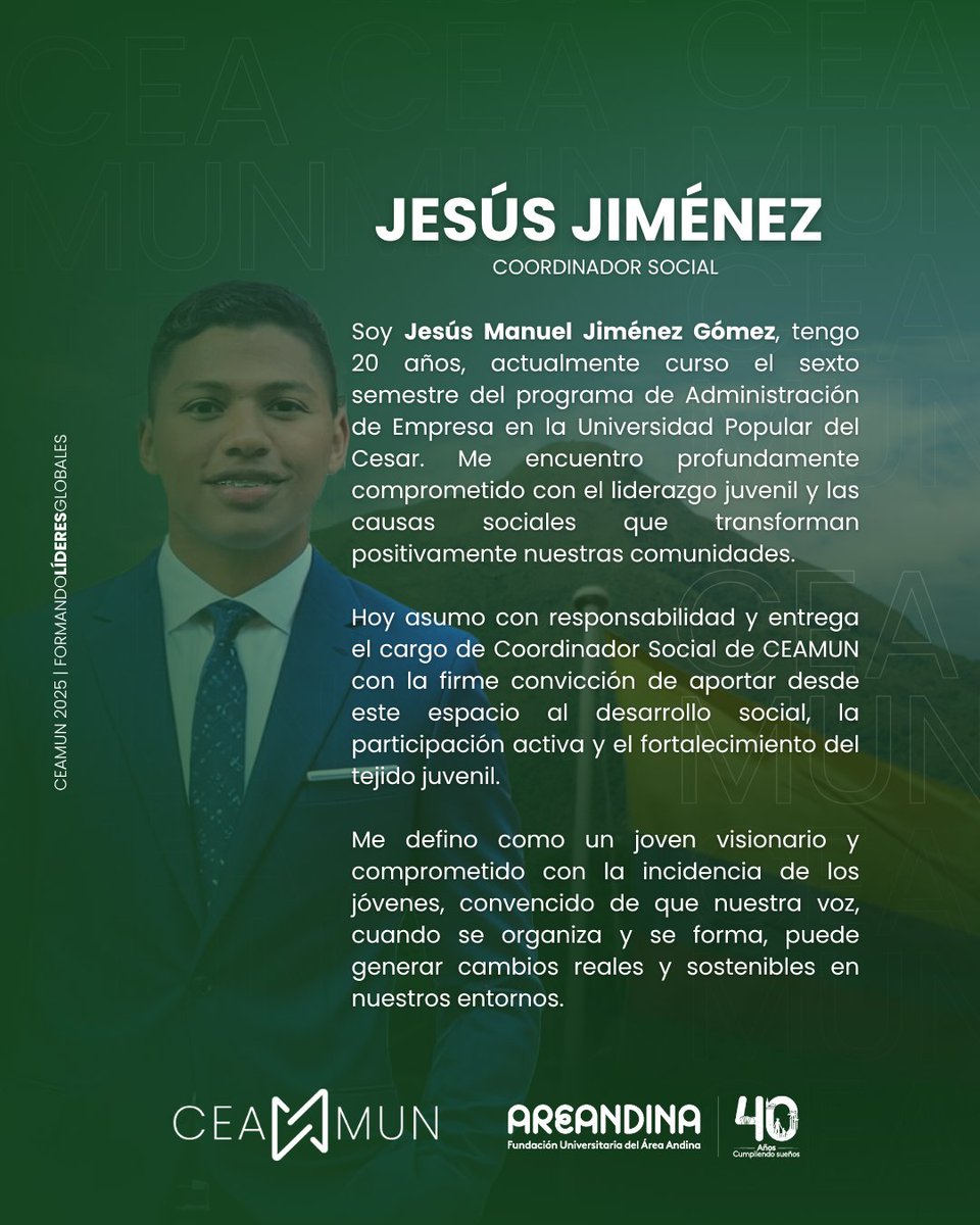 CEA_MUN_'s tweet photo. Hola 👋 a todos me presento soy Jesús Manuel Jiménez Gómez 🙋‍♂️y este año seré su COORDINADOR SOCIAL en #CEAMUN2025 y estoy muy emocionado de acompañarlos en este camino.
.
.

#FormandoLideresGlobales 🌎 #ModeloONU #onucolombia #areandina #modelodenacionesunidas #mun https://t.co/gTR9P5UbiT