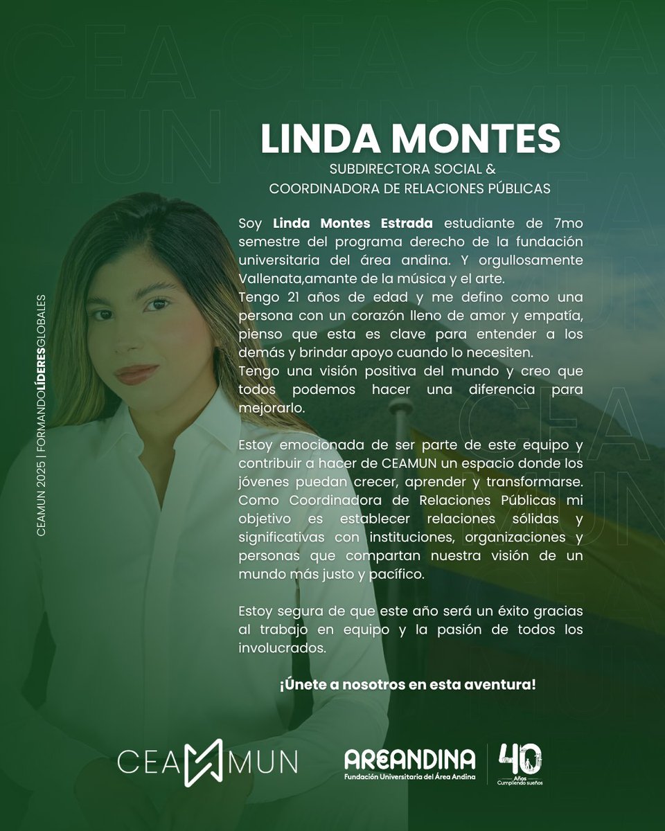 CEA_MUN_'s tweet photo. Hola 👋 a todos me presento soy Linda Marcela Montes 🙋‍♀️ y este año seré SUBDIRECTORA SOCIAL &amp; COORDINADORA DE RELACIONES PÚBLICAS en #CEAMUN2025 y estoy muy emocionada de acompañarlos en este camino.
.
.

#FormandoLideresGlobales 🌎 #ModeloONU #onucolombia #areandina #mun https://t.co/5XkA0HxQKN
