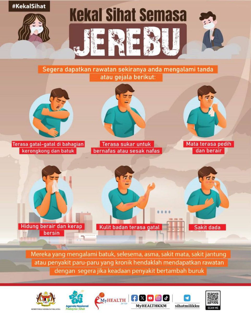 Kekal sihat semasa jerebu.

Sekiranya anda mengalami gejala seperti disenarai, segera dapatkan rawatan di fasiliti kesihatan berhampiran bagi memastikan anda kekal sihat semasa jerebu.

#MalaysiaSihat