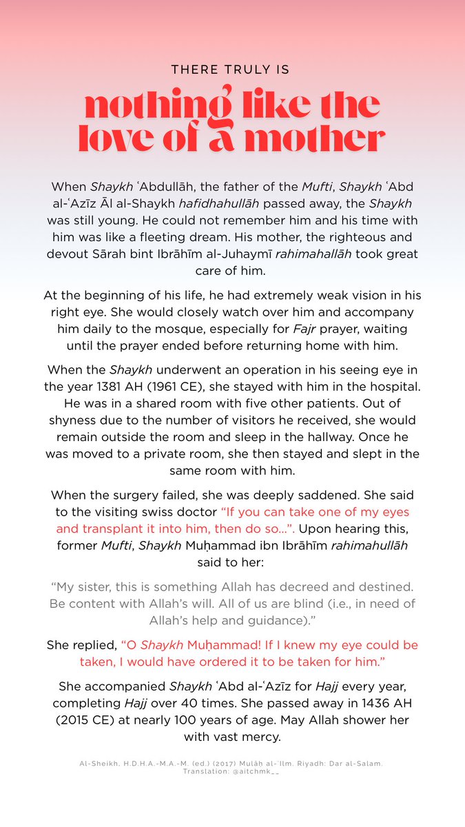 aitchmk__'s tweet image. She almost gave him her eye. 

A beautiful account of the relationship and impact of the mother رحمها الله of the Muftī Shaykh Abdul-‘Azīz Āl a-Shaykh حفظه الله.