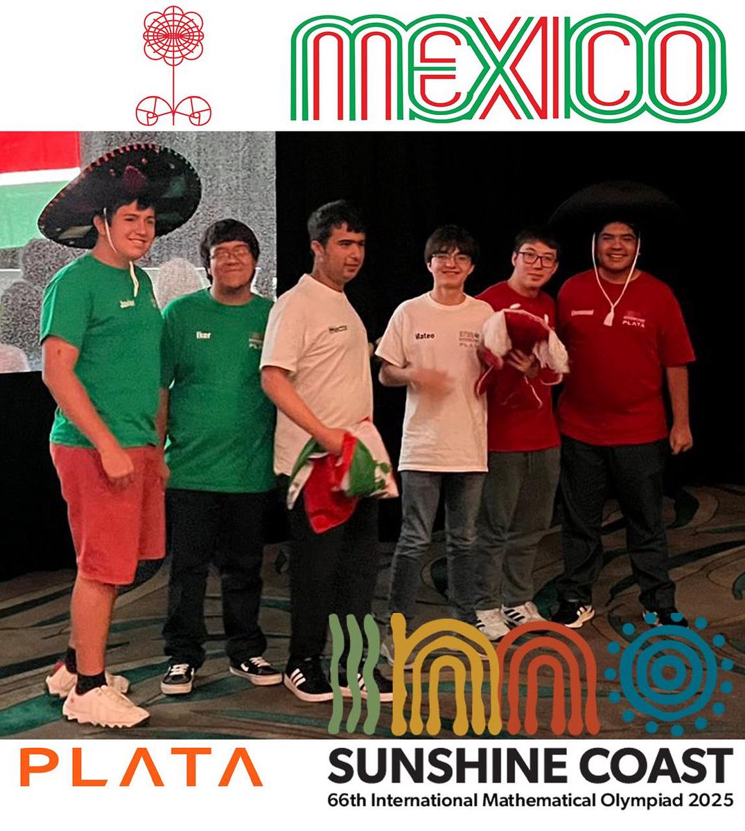 ommtw's tweet image. #ULTIMAHORA México gana 2 medallas de plata 🥈🥈 y 4 de bronce 🥉🥉🥉🥉en la 66 Olimpiada Internacional de Matemáticas, en Australia 🇦🇺 ¡Felicidades al equipo y a sus entrenadores!
Takumi 🥈Emmanuel 🥈Héctor🥉Mateo🥉Iker🥉
Javier🥉#SomosOlímpicos #SomosOlímpicas @GobiernoMX