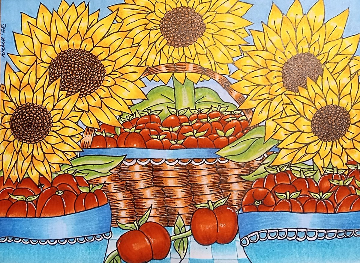 Studio_Reaper's tweet image. #sunflowers #tomato #summer #copic
 
  A successful harvest of fresh, off the vine tomatoes sits on the covered table accompanied by golden sunflowers bathing in the sunlight, they've become the highlight of this hot summer day.

- Erebus 💀