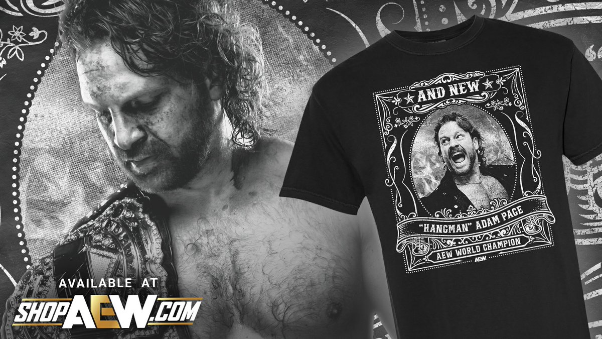 ShopAEW's tweet image. AND NEW!
Your NEW AEW World Champion is Hangman Adam Page and we have a NEW shirt to celebrate!
Get it now at ShopAEW.com!