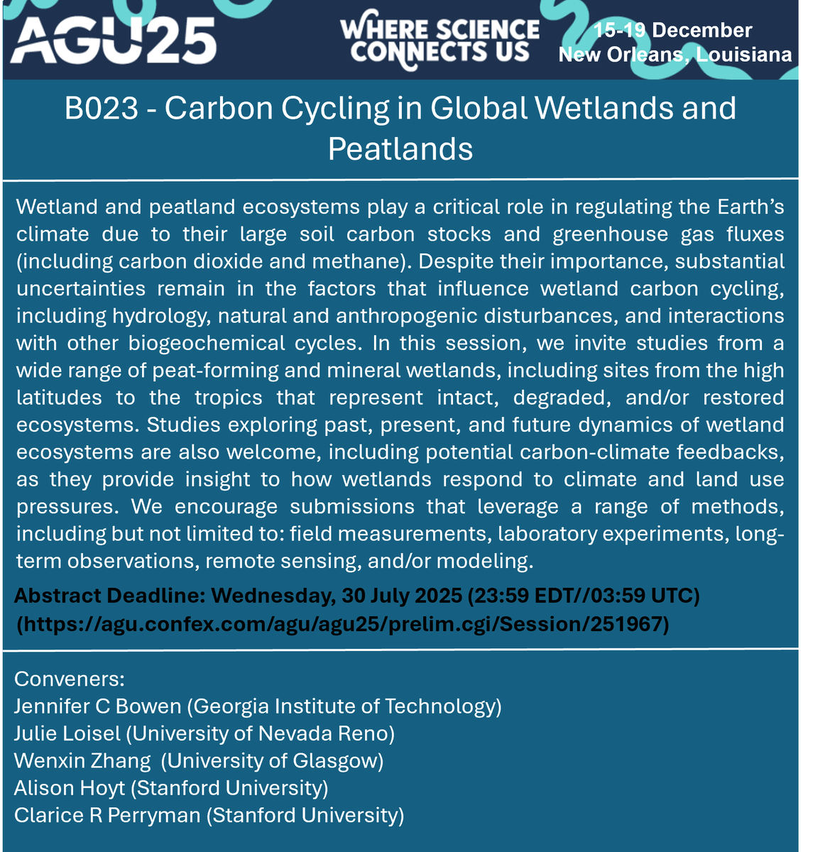 tobyzhang2005's tweet photo. Our AGU25 session ‘B023 - Carbon Cycling in Global Wetlands and Peatlands' is calling for abstract! Please consider joining us or share it with anyone who may be interested.
Abstract Deadline: Wednesday, 30 July 2025 (23:59 EDT//03:59 UTC)
Session link: https://t.co/uGnpGGvdAY https://t.co/T7N7WLdv5g