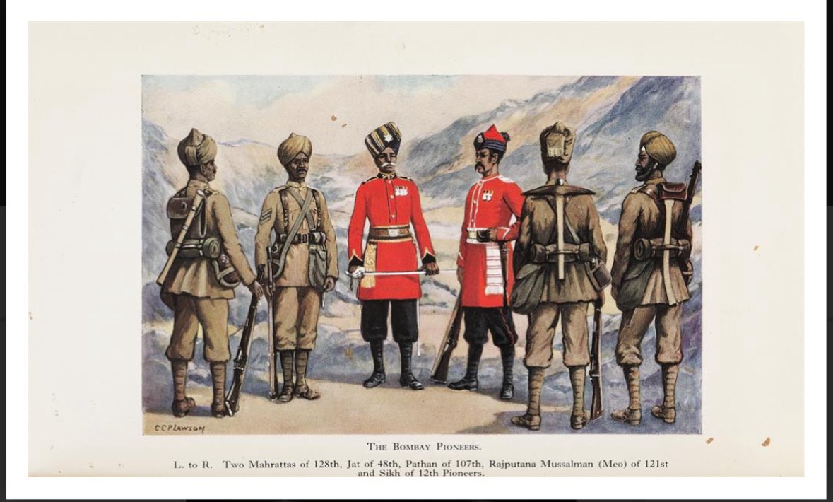 thejatculture's tweet image. THE BOMBAY PIONEERS :-
L. to R. Two Mahrattas of 128th, Jat of 48th, Pathan of 107th, Rajputana Mussalman (Mco) of 121st and Sikh of 12th Pioneers.
@major_pawan