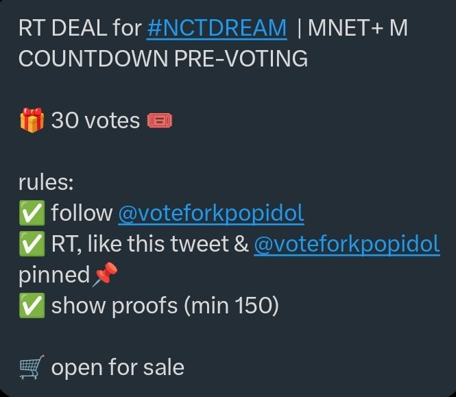 POLLS FOR DREAM (@pollsfordream) on Twitter photo RT DEAL for #NCTDREAM | MNET+ M COUNTDOWN PRE-VOTING
🎁 30 votes 🎟️
rules:
✅️ follow <a href="/voteforkpopidol/">wts votes!</a>
✅️ RT, like this tweet & <a href="/voteforkpopidol/">wts votes!</a> pinned📌
✅️ show proofs (min 150)
🛒 open for sale
#pollsforDREAM RT DEAL for #NCTDREAM | MNET+ M COUNTDOWN PRE-VOTING
🎁 30 votes 🎟️
rules:
✅️ follow <a href="/voteforkpopidol/">wts votes!</a>
✅️ RT, like this tweet & <a href="/voteforkpopidol/">wts votes!</a> pinned📌
✅️ show proofs (min 150)
🛒 open for sale
#pollsforDREAM