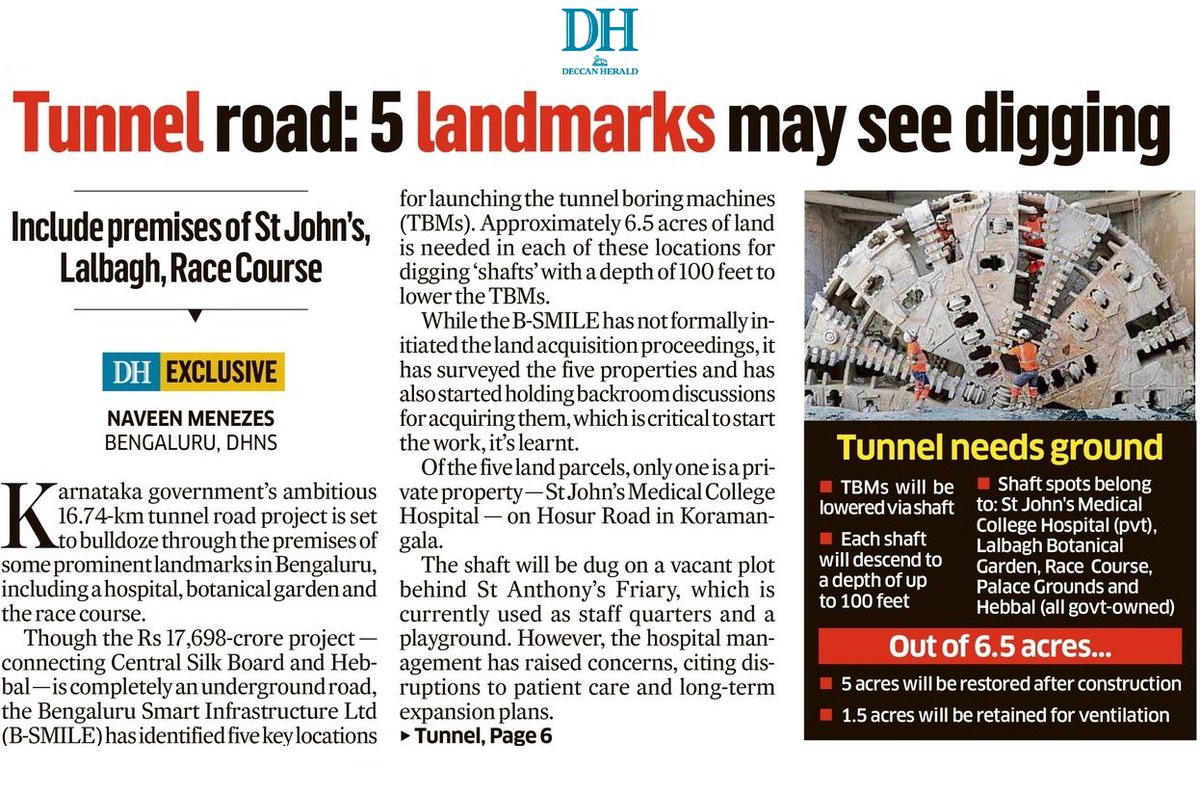 naveenmzs's tweet image. Th Rs 17,698-cr tunnel road is set to bulldoze through five #Bengaluru landmarks:
- St John’s Hospital
- Lalbagh Botanical garden
- Race Course
- Palace Grounds
- Hebbal
Each location may see a 100-ft deep shaft for launching TBMs, far bigger than the ones used by Namma Metro