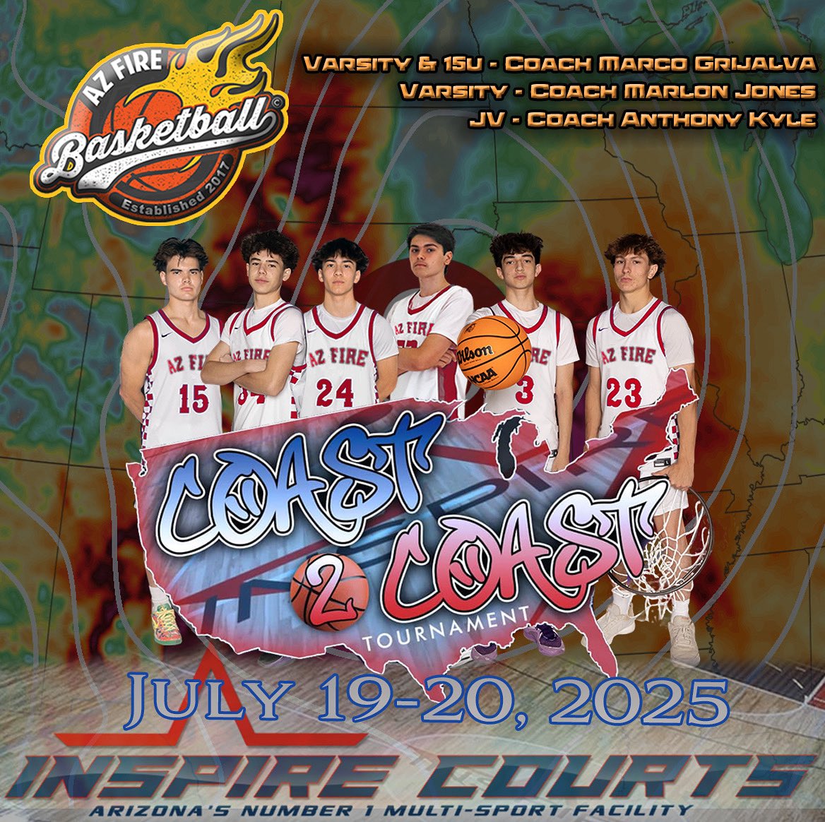 azfirebball's tweet image. Coast 2 Coast🔥🏀🔥Inspire Courts - Mesa, AZ-Sat 7/19
1p: Varsity-Marco vs UNITY
1p: JV-Anthony vs Team Farm Boyz
2p: Varsity-Marlon vs SAINTS
2p: 15u-Marco vs SOARIN15u
3p: Varsity-Marco vs PTP
3p: JV-Anthony vs SOARIN16u
4p: 15u-Marco vs SHOWTIME
4:20p C6: Varsity-Marlon vs PTP