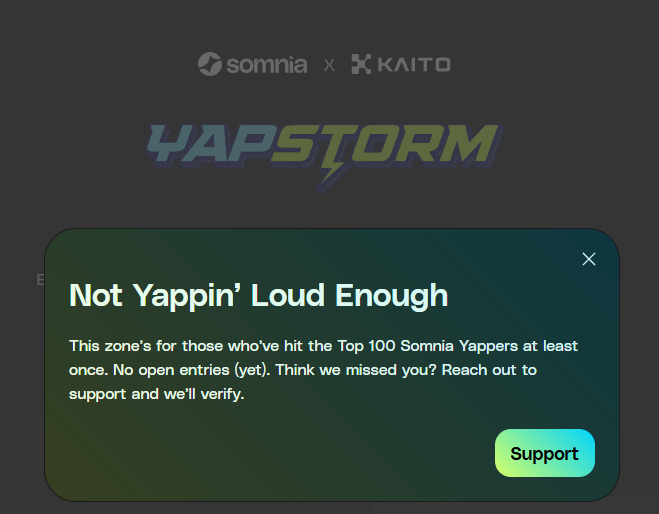 gSomnia 💚

<a href="/SomniaYappers/">Somnia Yappers</a> as promised,  released a big update yesterday 👀

But unfortunately i'm not eligbile 

"NOT YAPPIN LOUD ENOUGH" 

But fortunately there is time to fix this 
 
Keep Yapping - STAY LOUD 🔊

And stay with Somnia  💚

#SomniaCreator