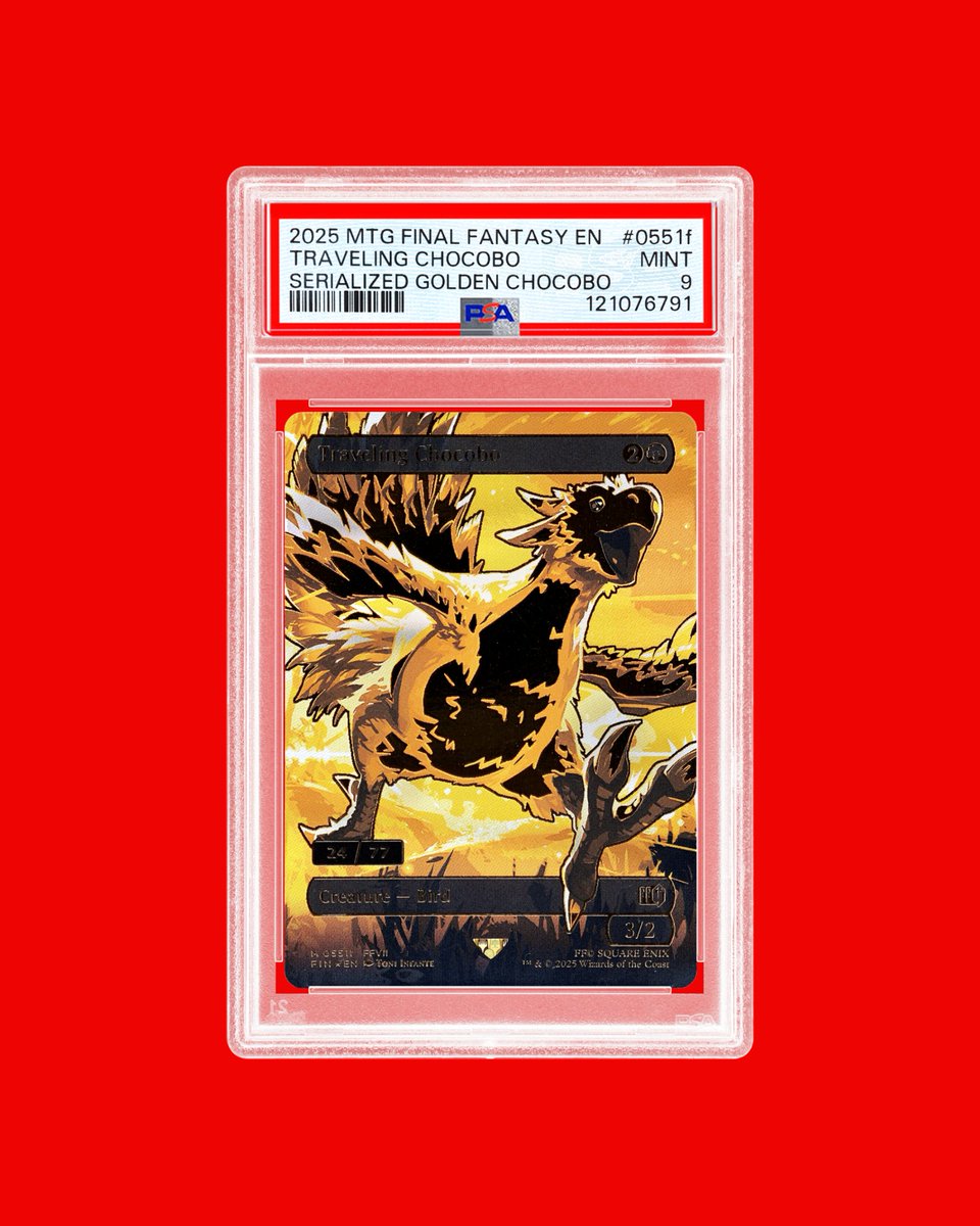 PSAcard's tweet image. Like if you’re chasing Chocobos 🐓
Magic: The Gathering’s Final Fantasy collaboration features a rainbow of Traveling Chocobo cards, including the elusive Serialized Golden Chocobo numbered to 77. Anyone have Gysahl Greens handy to catch one?