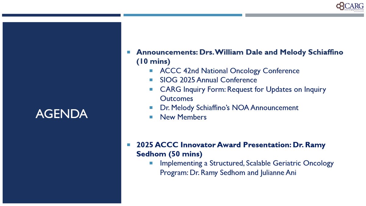myCARG's tweet image. 🔉💻 Join us at the upcoming bi-weekly @myCARG meeting!
7/22 at 11am PT/2pm ET
Co-leads: Drs.@WilliamDale_MD and @DrSchiaffino
*Agenda*
-Announcements
-Princeton Cancer Center's 2025 @ACCCBuzz Innovator Award with Dr. @ramsedhom