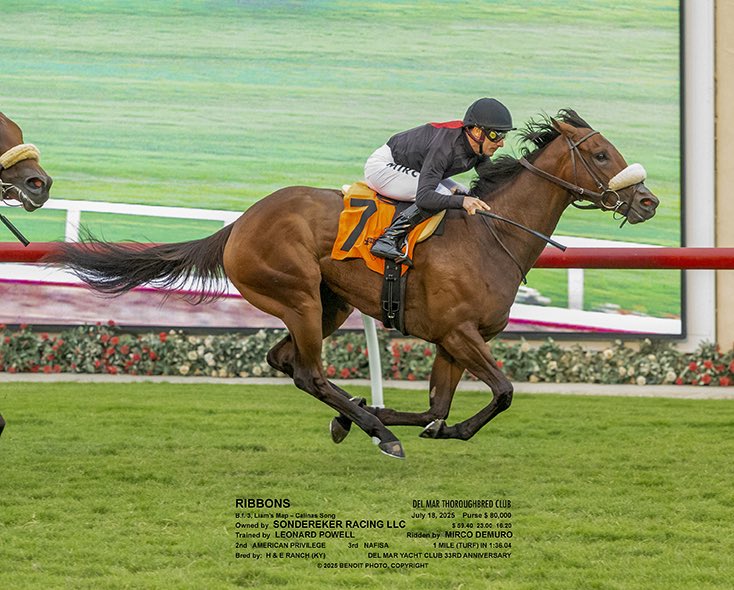 Ribbons gets a perfect ride from <a href="/MircoDemuro1/">Mirco Demuroミルコ デムーロ</a> ルコ デムーロ to win her first start for the barn, going wire to wire <a href="/DelMarRacing/">Del Mar Racetrack</a> on Opening Day. Congrats to Sondereker Racing for sourcing her <a href="/FasigTiptonCo/">Fasig-Tipton</a>  Digital sale ! Thanks all involved and on and upwards !