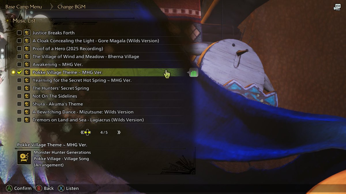 Ulfxiv's tweet image. Been playing since MHFU, and that was so so long ago...super glad they added the theme to it for my base. Now it will never change. 😁🎶🎵 #mhwilds