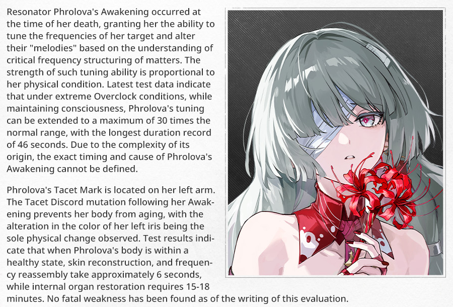 Naruvt0's tweet image. According to Resonance Evaluation Report, Phrolova's death triggered her awakening that led to her resonating with "Hecate." Her tacet mark mutation prevents her from aging too. How old is she, damn?