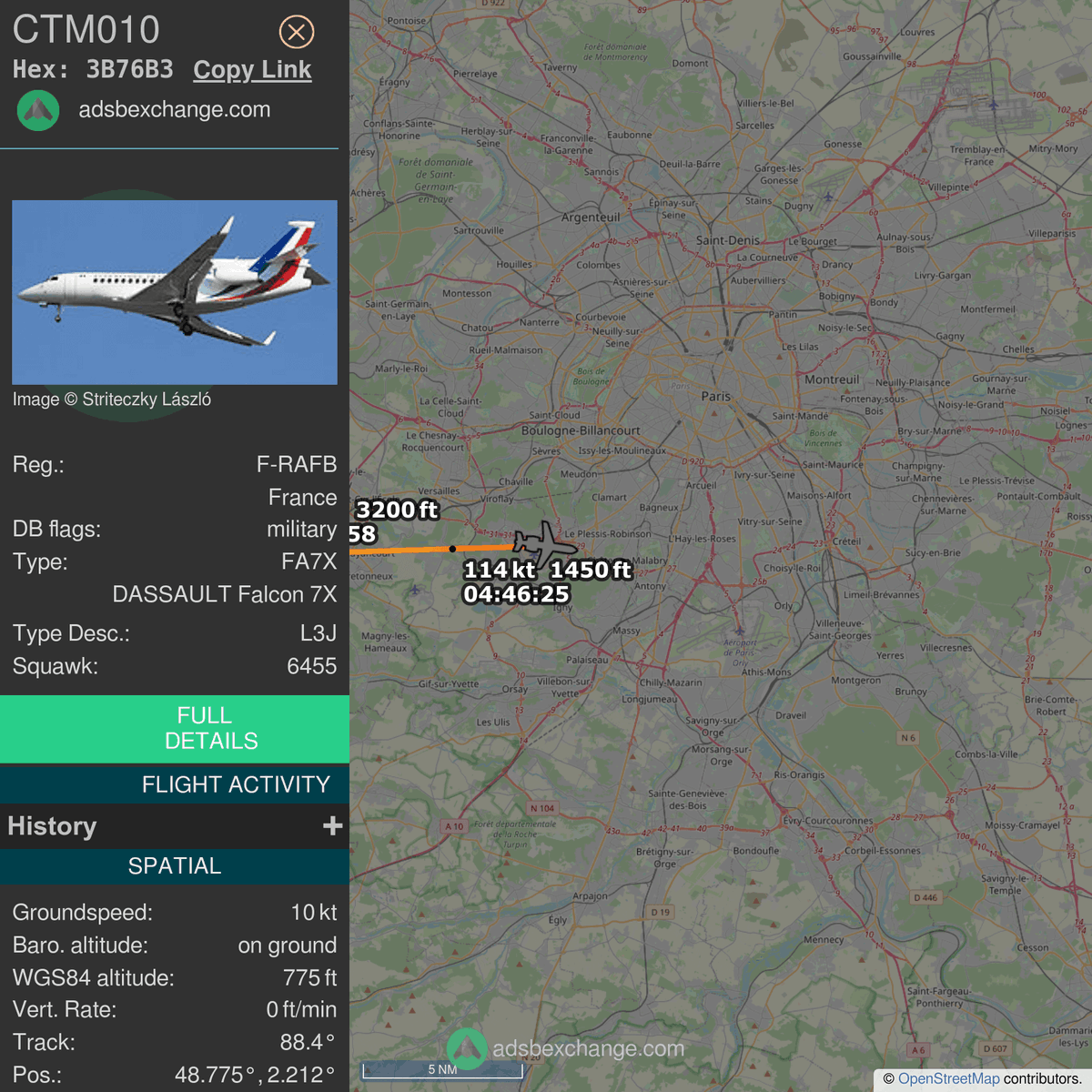 FlottePresident's tweet photo. 🛬 Le Dassault Falcon 7X 🇫🇷 République Française immatriculé #FRAFB a atterri près de Villacoublay/Vélizy, France.

📋 Bilan (estimation) :
~ 7h34 de vol
~ 6.538 km parcourus
~ 7.300 kg de carburant consommé

Revoir ce vol #CTM010 : https://t.co/FGLTh2eRuA https://t.co/rTRb0h2Nh2