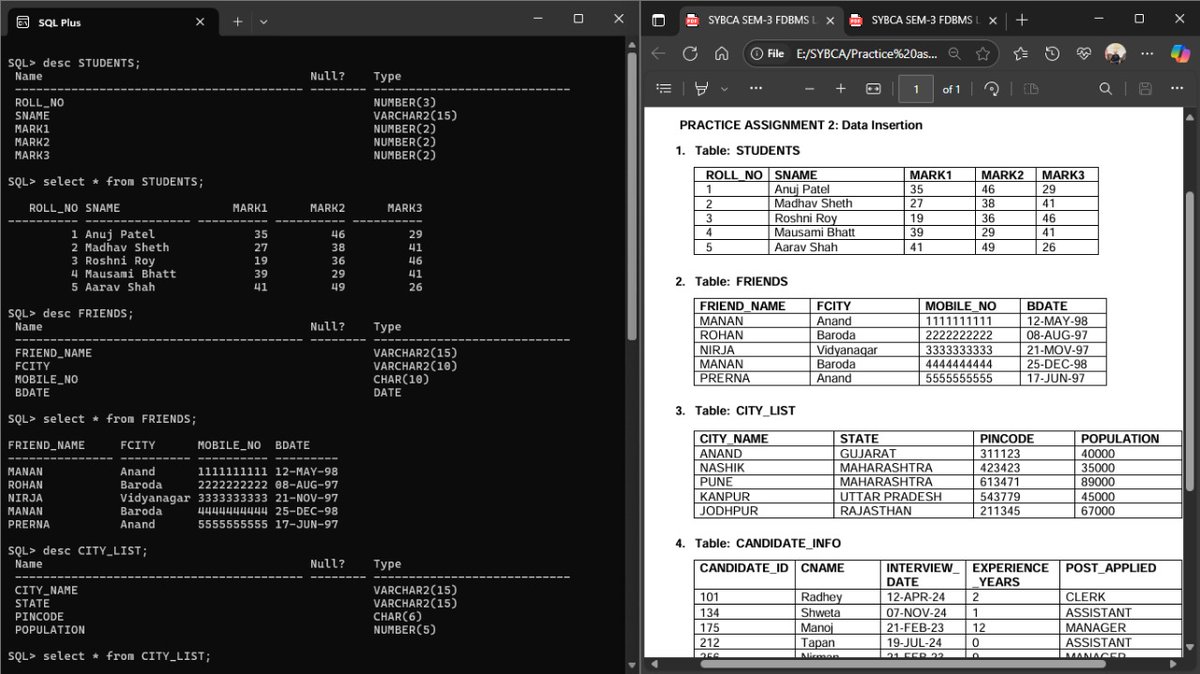 Krushnapal_9's tweet image. 🚀 Day 1 of learning #OracleSQL with SQL*Plus!
📌 Topics I learned today:
🛠️ Table Creation
📝 Data Insert
🔍 SELECT Queries
Let’s gooo 💻🔥
#Day1 #100DaysOfCode #SQL #BCAStudent #TechJourney #Database #CodingLife
#Code