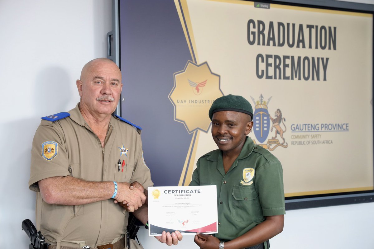 GP_CommSafety's tweet photo. Drone Pilot graduation 

The group underwent training which included Psychometric assessments, Aviation Medical tests, English Language Proficiency, the Remote Pilot Certificate (RPC), Restricted Radiotelephony, Beyond Visual Line of Sight (BVLOS) operations, and product-specific training, all facilitated by UAV Industries.

#GrowingASaferGauteng #TacklingG13