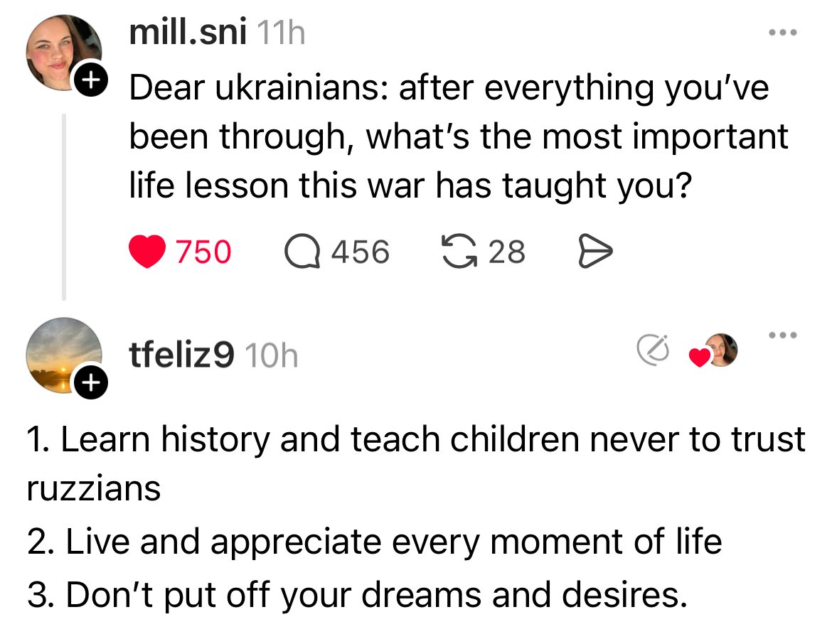 On Threads, a Danish user asked Ukrainians:
“After everything you’ve been through, what’s the most important life lesson this war has taught you?”

The answers were powerful:

🧳 “Everything you truly need fits in one suitcase.”
🕊 “Pacifism is a privilege—it only works if you’re