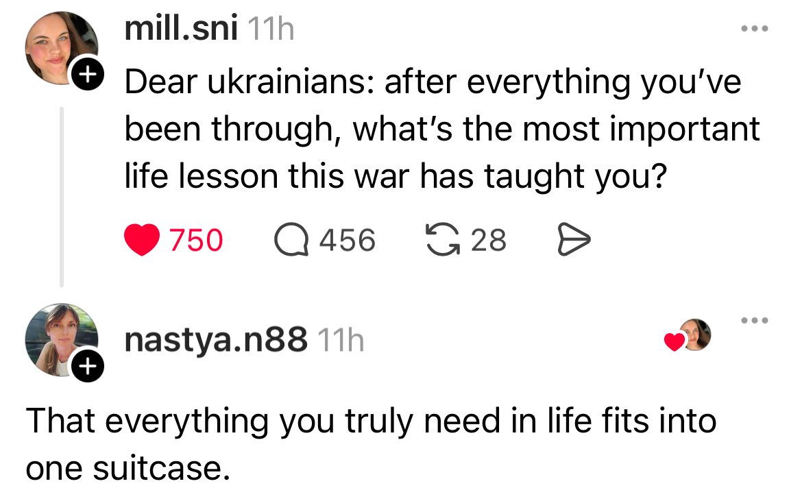 petite_michelle's tweet photo. On Threads, a Danish user asked Ukrainians:
“After everything you’ve been through, what’s the most important life lesson this war has taught you?”

The answers were powerful:

🧳 “Everything you truly need fits in one suitcase.”
🕊 “Pacifism is a privilege—it only works if you’re armed from head to toe.”
📚 “Teach children history. Never trust ruzzians.”
🎂 “Aging is a privilege not everyone gets to experience.”

Real pain. Real wisdom.