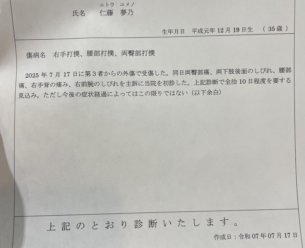 すごいな、診断書に受傷起点書くんだ。一緒にいたのかな？