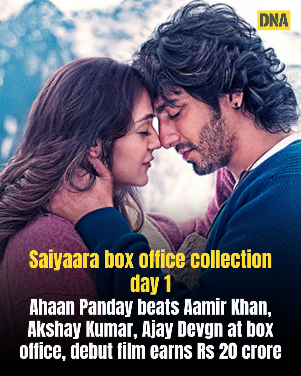 dna's tweet image. #Mohi Suri’s romantic drama #Saiyaara has taken the industry by surprise with a phenomenal opening of Rs 20 crore on its first day. Despite featuring debutants #AhaanPanday and #AneetPadda in lead roles, the film has surpassed all expectations,  and not just for newcomers, but