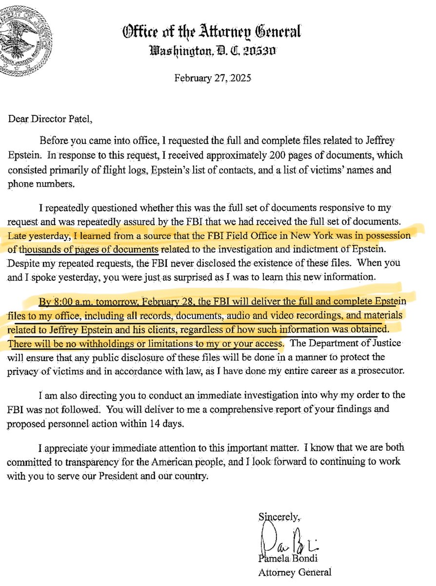 _TeddyBrosevelt's tweet image. A few hours after Bindergate on February 27th, Pam Bondi released this letter:
“Late yesterday, I learned from a source that the FBI Field Office in New York was in possession of thousands of pages of documents related to the investigation and indictment of Epstein.”
“By 8:00…