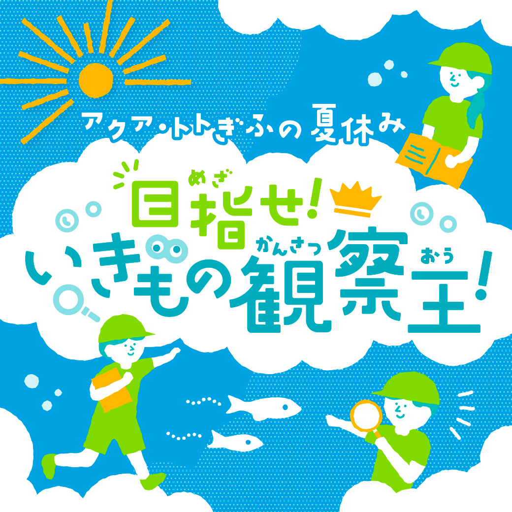 aquatotto's tweet image. 始まりました、夏休み!
夏休みの水族館は、学びや発見がいっぱい!
楽しみながら生き物に興味を持っていただけるように、クイズや観察シートをご用意しています。
この夏は、目指せ!いきもの観察王!【広報】
aquatotto.com/event/schedule…
