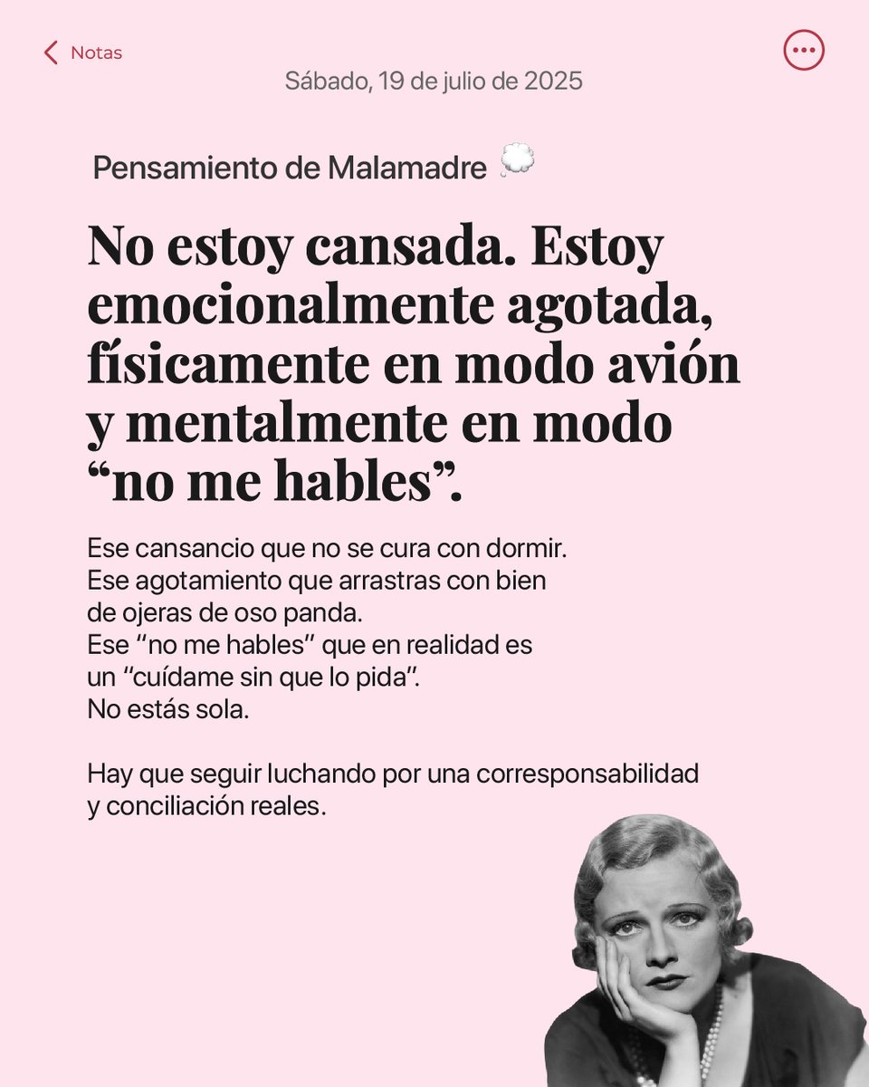Pensamiento de Malamadre 🧠

No estoy cansada. Estoy emocionalmente agotada, en modo avión y con la mente en “no me hables”.
Ese “no me hables” es un “cuídame sin que lo pida”.

#ConciliaciónReal #MalamadreModoAvión