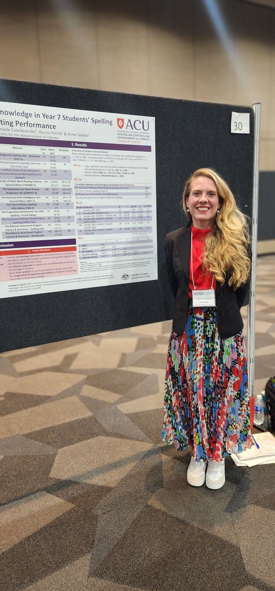 JessicaColleu's tweet image. Just presented my first ever #SSSR2025 poster!I shared my PhD work on how morphological knowledge contributes to Year 7 spelling & writing. Grateful for the feedback & chats w this amazing community. Tks to everyone who stopped by! @Adv_Literacy @annecastles @dccolen @SSSReading