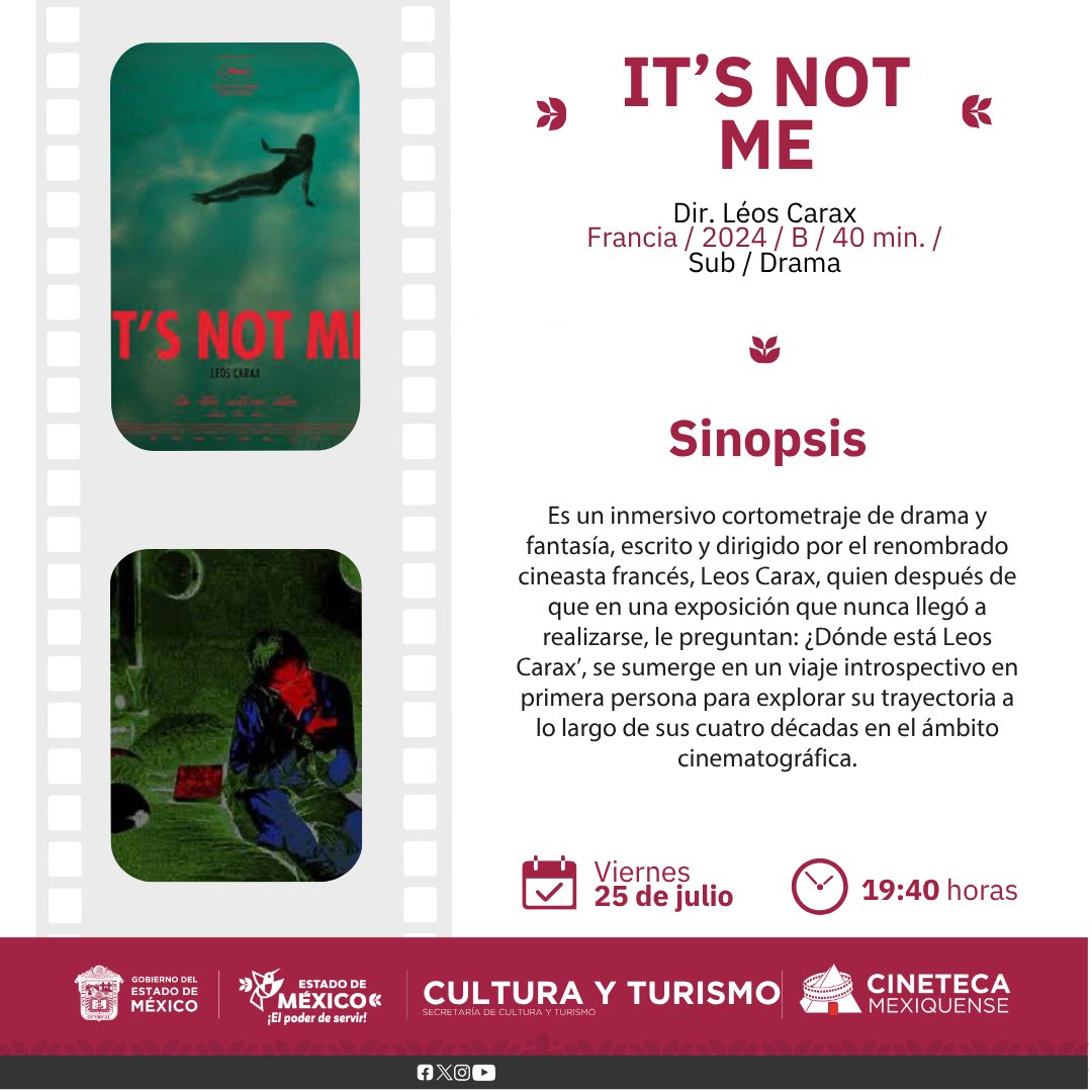 CinetecaEdomex's tweet image. Disfruta del documental "It's not me", ideal para las personas que aman el cine y las letras, ya que a través de una fantasiosa pero emotiva historia de contaran que fue de Leos Carax. 🍿🎬
¡No te lo puedes perder!