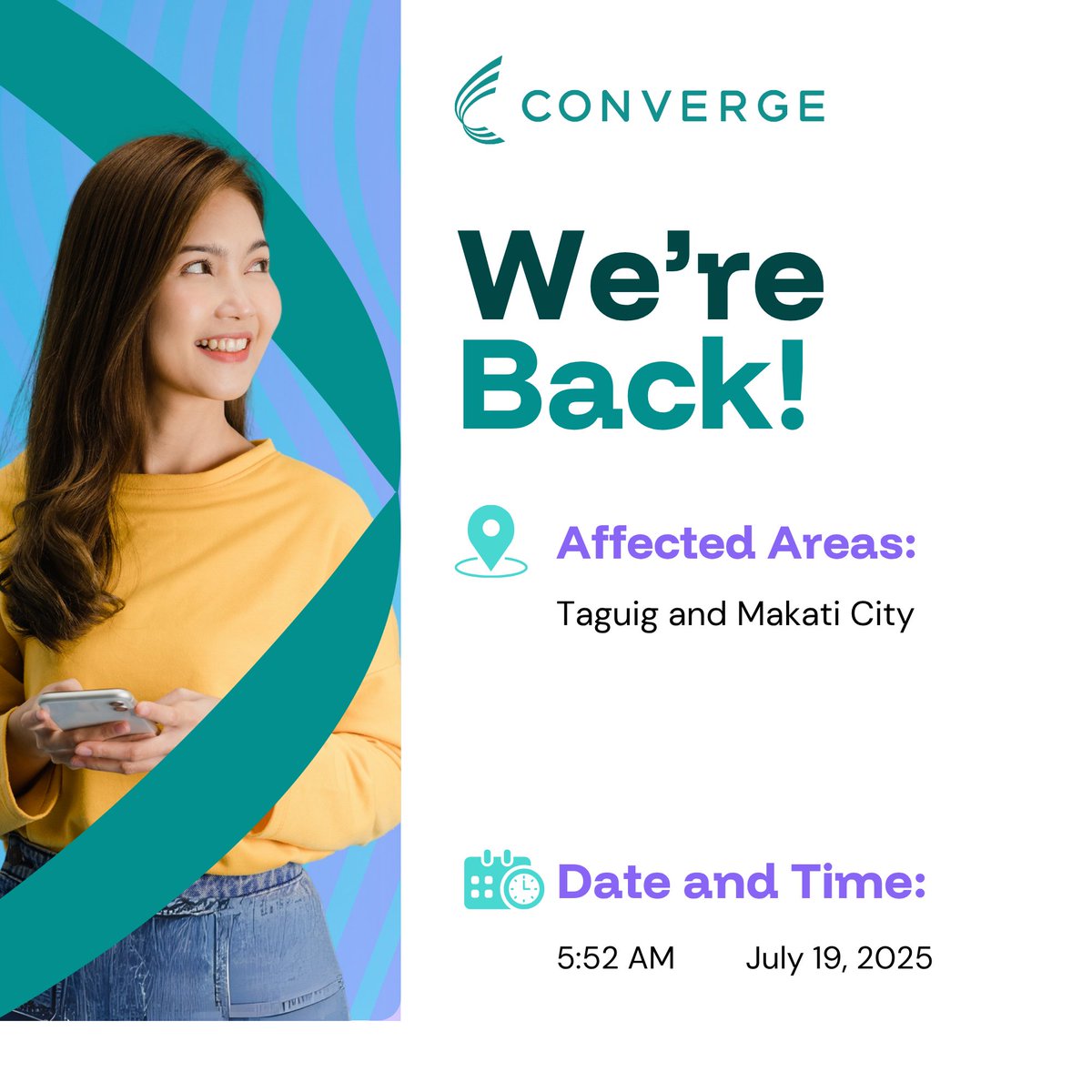 ConvergeSupport's tweet photo. To our valued subscriber:

We are glad to report that our connectivity issues in Taguig and Makati City have been resolved.

You may now check the quality of your internet connection at https://t.co/RdTKUUHK1z.

Please feel free to contact us if you are still experiencing issues with your connection.

Thank you for your patience and understanding.