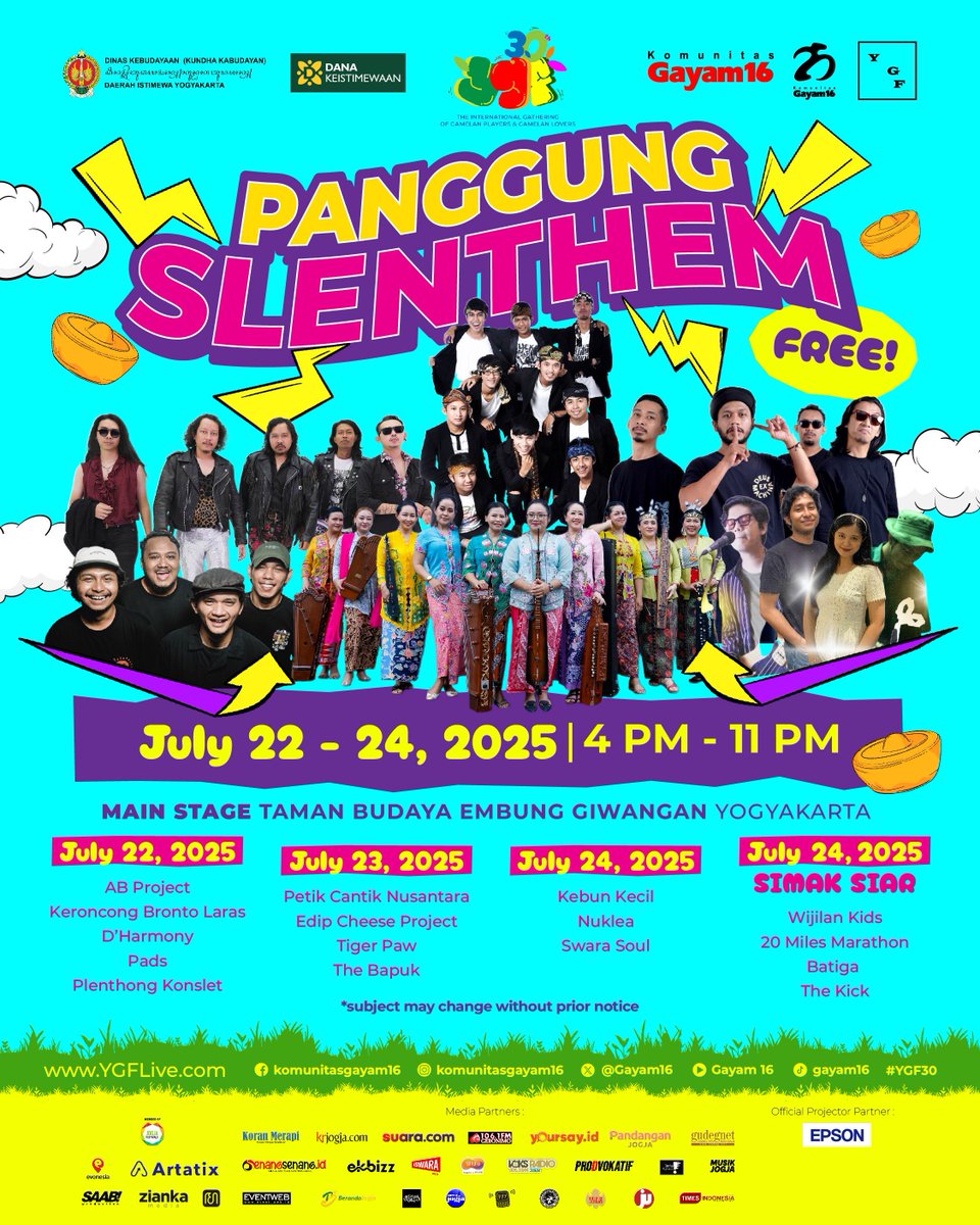 SimakSiar kembali digelar, yang pada volume kali ini berkolaborasi dengan Yogyakarta Gamelan Festival ke-30 (<a href="/Gayam16/">Komunitas Gayam16</a>).
Dan di tanggal yang sama, #YGF30 juga mementaskan 3 penampil di Panggung Slenthem yang juga panggungnya SimakSiar.

Cek &amp; baca baik-baik posternya, GRATIS!