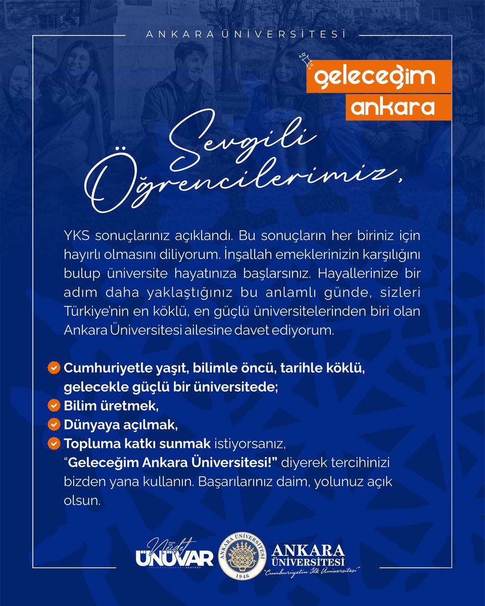🎓 Sevgili Gençler,
YKS sonuçlarınız açıklandı. Bu sonuçların her biriniz için hayırlı olmasını diliyorum. İnşallah emeklerinizin karşılığını bulup üniversite hayatınıza başlarsınız. Hayallerinize bir adım daha yaklaştığınız bu anlamlı günde, sizleri Türkiye’nin en köklü, en
