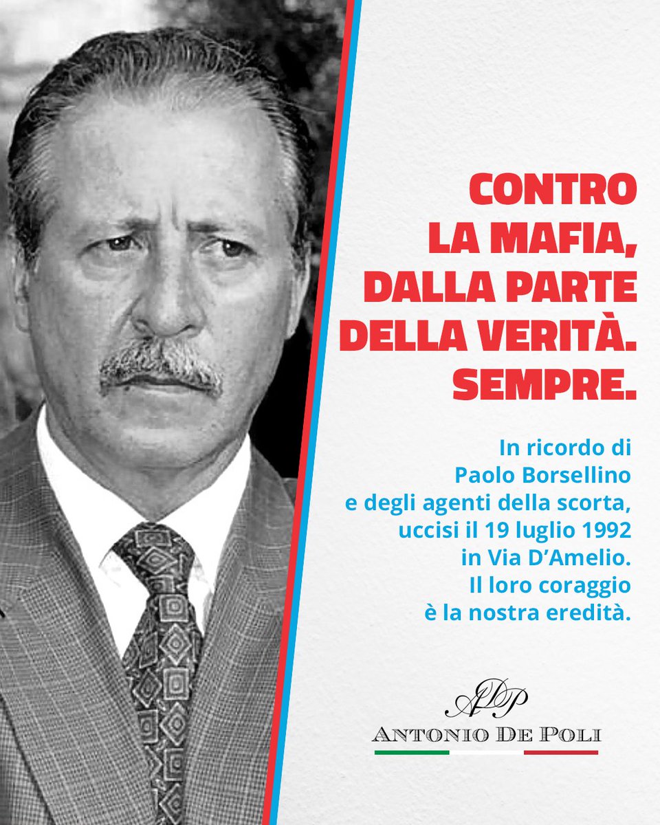 33 anni dalla Strage di Via D’Amelio.

Il 19 luglio 1992 la mafia uccise Paolo Borsellino e i cinque agenti della sua scorta: Agostino Catalano, Walter Eddie Cosina, Vincenzo Li Muli, Emanuela Loi e Claudio Traina.

Ricordarli oggi non è solo un dovere di memoria, ma un impegno