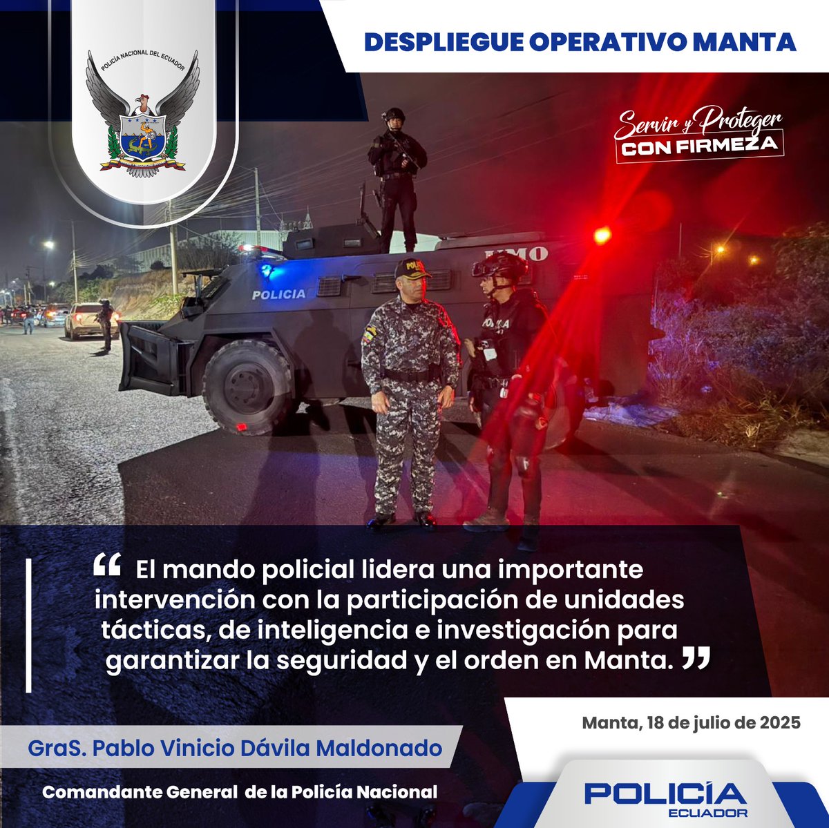 CmdtPoliciaEc's tweet image. Esta noche, lideramos una intervención estratégica en #Manta con unidades tácticas, de inteligencia e investigativas.
No daremos tregua a los delincuentes, estamos aquí junto a la ciudadania con acciones contundentes para cumplir la misión de #ServirYProtegerConFirmeza.…