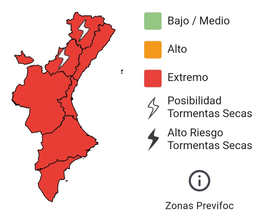 ⚠️ El nivel de riesgo de #incendio #forestal para hoy en la #ComunitatValenciana es:
🟥 EXTREMO en todo el territorio. 
⚡️Posibilidad de #tormentas secas en el interior de #Castellón.
🚫 Con riesgo extremo está prohibido hacer cualquier tipo de fuego en el monte.
🚫 No usar