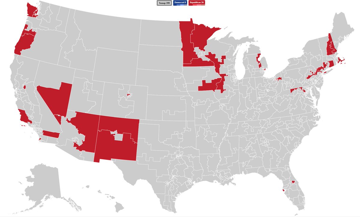 Uncrewed's tweet image. In case you needed a laugh today, here's a map of the initial target list for House Republicans in 2018.
They set a lofty goal of flipping 36 seats, but only ended up winning two of these. They lost the majority of these by over 10 points by the time the 2018 blue wave happened.