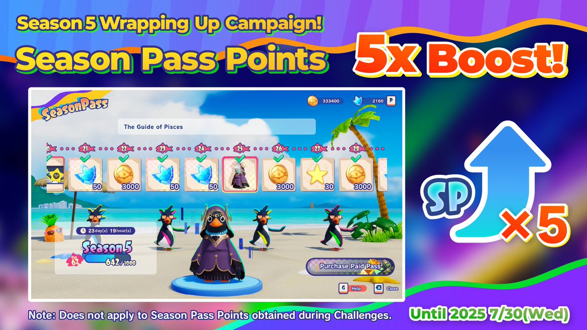 【Announcement】
Season 5 Wrapping Up Campaign! Season Pass Points 5x Boost!

Event Period: 7/23 (Wed) 21:00 PDT – 7/30 (Wed) 21:00 PDT

Those who joined the party late have a chance to catch up!
Play as much as you can before Season 5 ends and obtain items!
#FaaastPenguin
