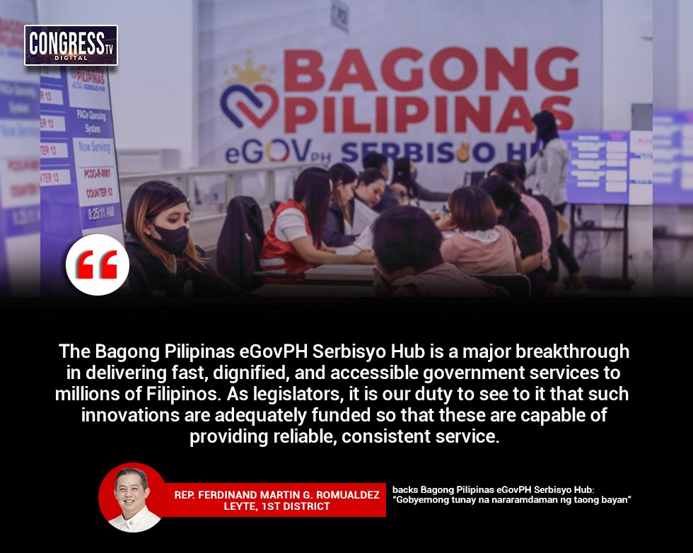CongressTVD's tweet image. Mariing sinusuportahan ni Leyte 1st District Rep. Martin Romualdez ang Bagong Pilipinas eGovPH Serbisyo Hub, ang inisyatiba ng gobyerno na nakatuon para mas mapabilis at mapadali ang transaksyon ng Publiko sa Pamahalaan.

#Congresstvdigital #congresstv #eGovPH #BagongPilipinas…
