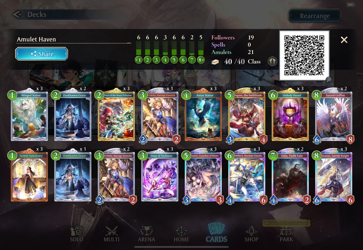 DemoDean1's tweet photo. Got 9 Win Streak with Storm-Amulet Haven! Kinda have bad matchups with Ward Haven, might bump Odin up to 3. Colette is definitely the MVP!!!

#svwb https://t.co/a39FuDqtX0