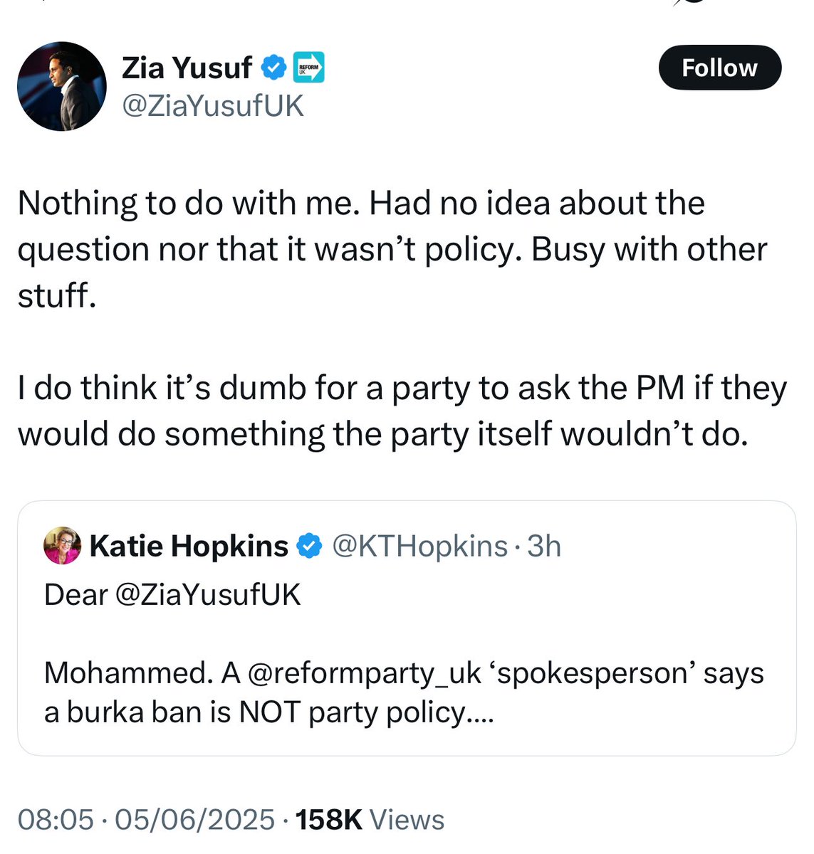 KTHopkins's tweet image. Dear @Nigel_Farage
MOHAMMED zia YUSUF is an insult to your @reformparty_uk membership.
First he calls your only female MP dumb
Now he joins an attack on a Jewish MP
Just what is it he has got on you Nigel? This Mohammed has no place in a party for decent Brits.