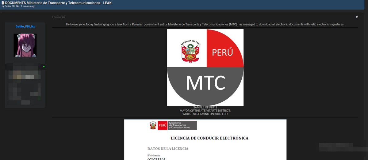 Alph4_Sec's tweet image. 🚨 Threat Alert | Filtración de Firmas Electrónicas y Documentos Oficiales del MTC - Perú (2025) 🇵🇪
El actor Gatito_FBI_Nz ha filtrado más de 38,000 documentos electrónicos del MTC, incluyendo licencias de conducir con firmas electrónicas válidas, fotos RENIEC 2025 y datos…