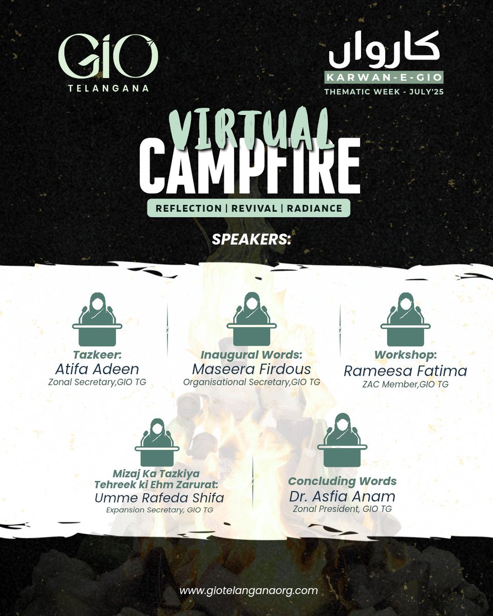 GIOTelangana's tweet photo. Speakers Of VIRTUAL CAMPFIRE 2025!
Theme: Reflection | Revival | Radiance
A soulful evening under virtual stars 🌌 – where inspiration meets imagination!
But wait… There Are Many More Activities too 🥳
#VirtualCampfire #KarwanEGIO #GIOTelangana #SparkingSoulsOnline https://t.co/vCM4jJIvwB